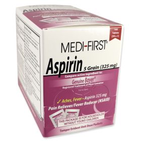 Aspirin 325mg, 100 tablets per box, 50 packets of 2 tabs each