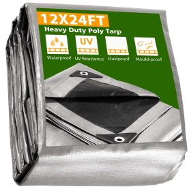 12x24 FT Heavy Duty Poly Tarp, Black/Silver 14mil