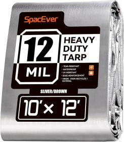 10x12 FT Heavy Duty Tarp, Sivler/Brown, 12 Mil, Water-Proof with Grommets, UV& Tear Resistant
