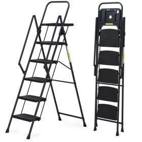 Portable 5-Step Folding Steel Ladder With Compact Foldable Stool (Option: 5 steps black)