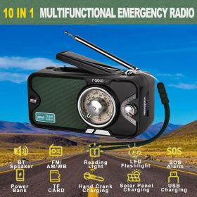 3600mAh Emergency Crank &NOAA Weather Radio; Hand Crank/Solar/USB Charging; Portable Radio With (AM FM /WB)With Other Functions (Color: black)